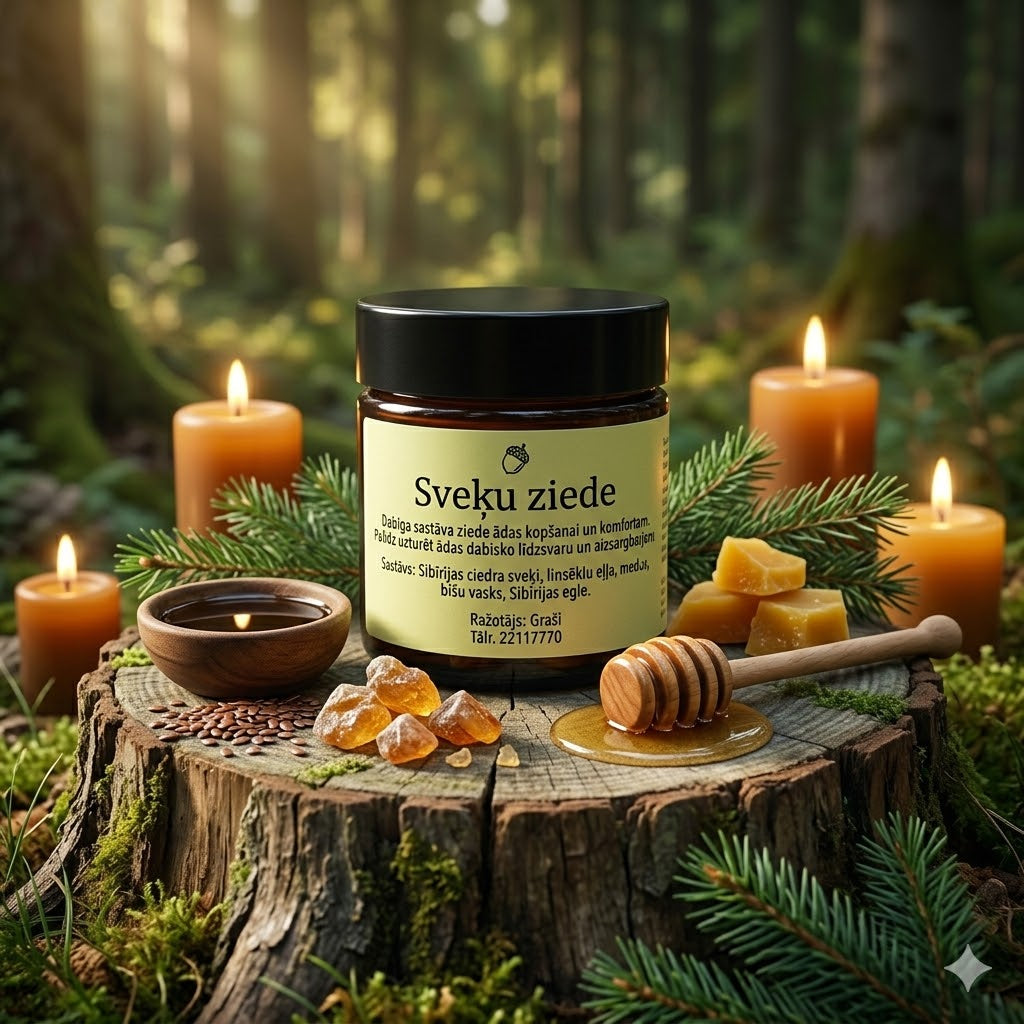 Sveķu ziedes burciņa uz koka celma zaļā mežā, apkārt izkārtotas tās dabīgās sastāvdaļas – zelta sveķu gabaliņi, medus, bišu vasks, linsēklas un egles zariņi silto sveču gaismā.