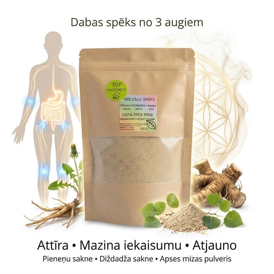 Trīs zāļu spēks" – Dabīgs pulveris no pieneņu un diždadža saknēm un apses mizas. Attīra, mazina iekaisumu un atjauno aknu un gremošanas sistēmas darbību – Rodnoisad