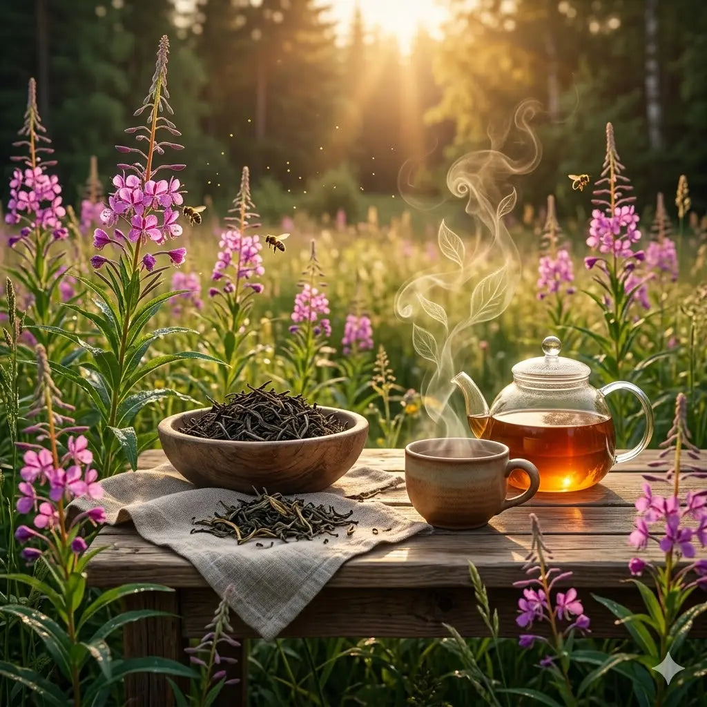 Dabīgas augu tējas un fermentēta ugunspuķe (Ivan-tēja) veselībai un ikdienas rituāliem bez kofeīna.