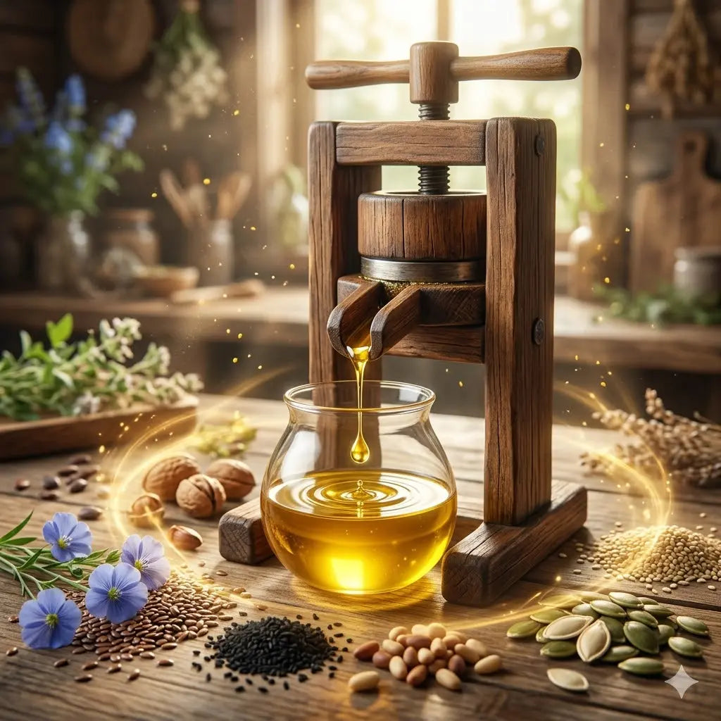 Auksti spiestas dzīvās eļļas no dabīgām sēklām un riekstiem veselībai un organisma atjaunošanai.