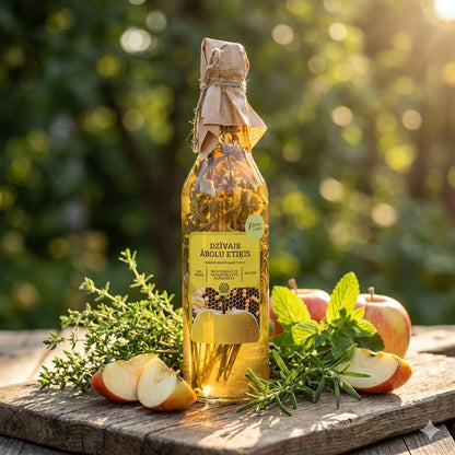Dzīvais ābolu etiķis ar dārza garšaugiem stikla pudelē uz koka dēlīša ar svaigiem āboliem un zaļumiem saules gaismā.