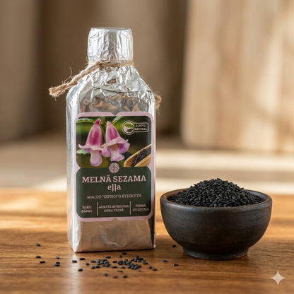 Melnā sezama eļļas pudele sudraba folijā stāv uz koka dēlīša blakus koka karotei, kas piepildīta ar veselām melnā sezama sēklām.