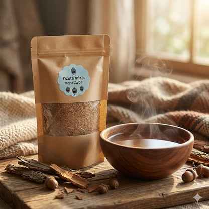 Ozola mizas pulveris iepakojumā blakus koka bļodiņai ar siltu ūdeni un ozolzīlēm saules apspīdētā istabā.