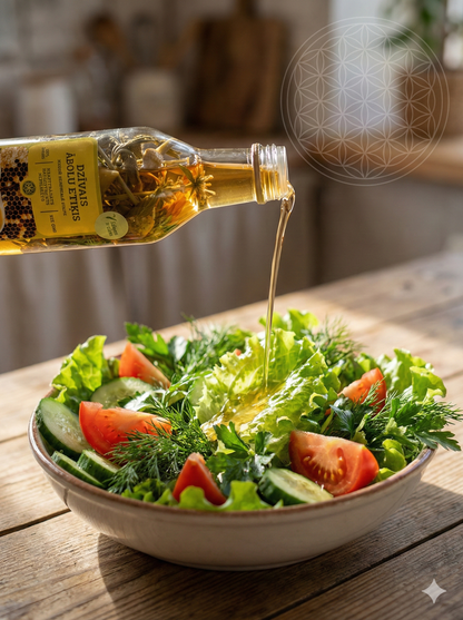 Dzīvais ābolu etiķis tiek liets no stikla pudeles pār svaigiem dārzeņu salātiem saules apspīdētā virtuvē.