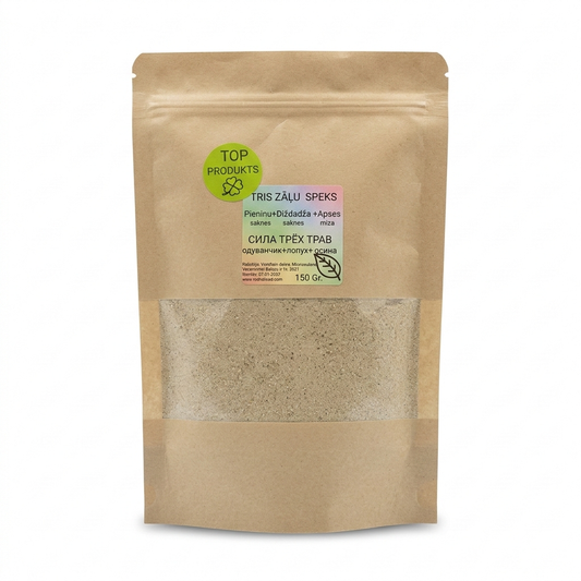Trīs zāļu spēks" – 150g dabīga pieneņu, diždadža sakņu un apses mizas pulvera iepakojums aknu un gremošanas sistēmas attīrīšanai – Rodnoisad